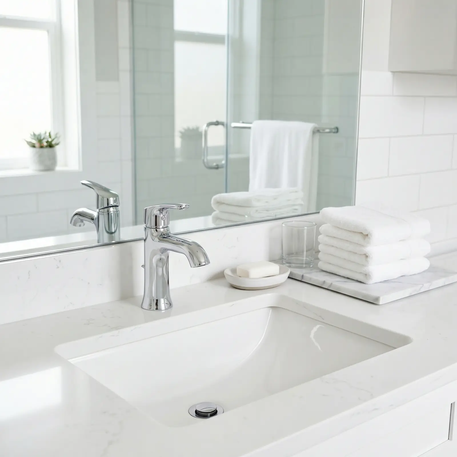 Sparkling clean marble bathroom after BrightNest deep cleaning — chrome faucet and white towels