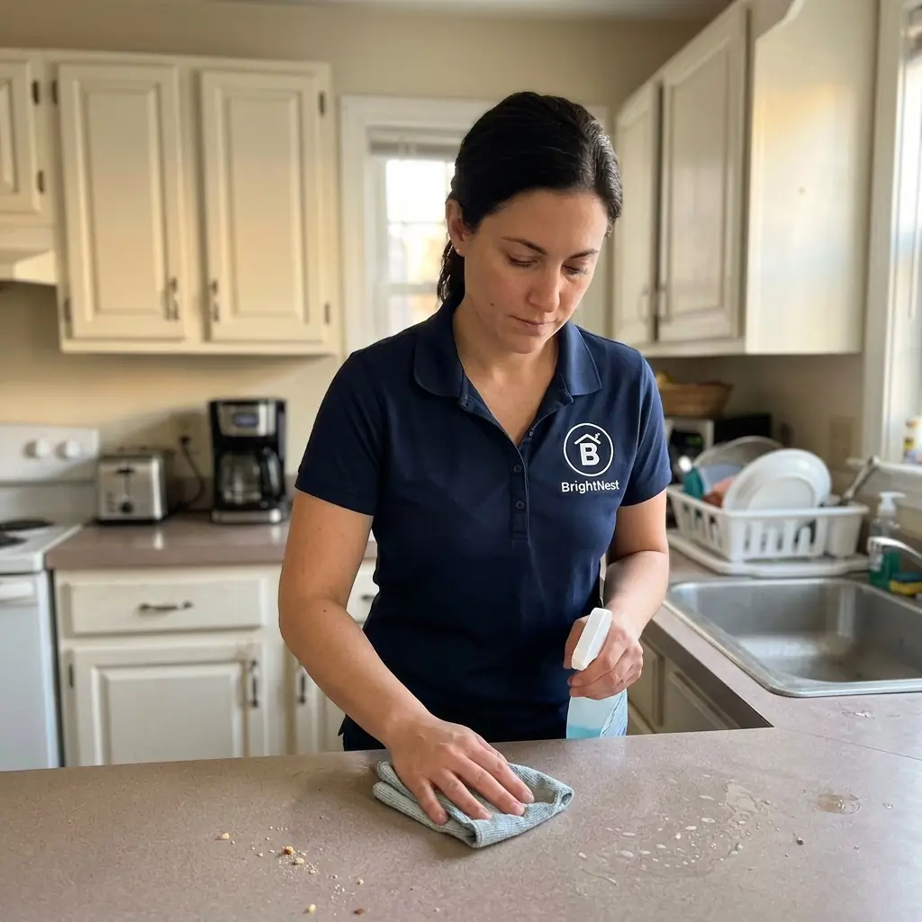 BrightNest cleaner with supplies in kitchen ready to clean