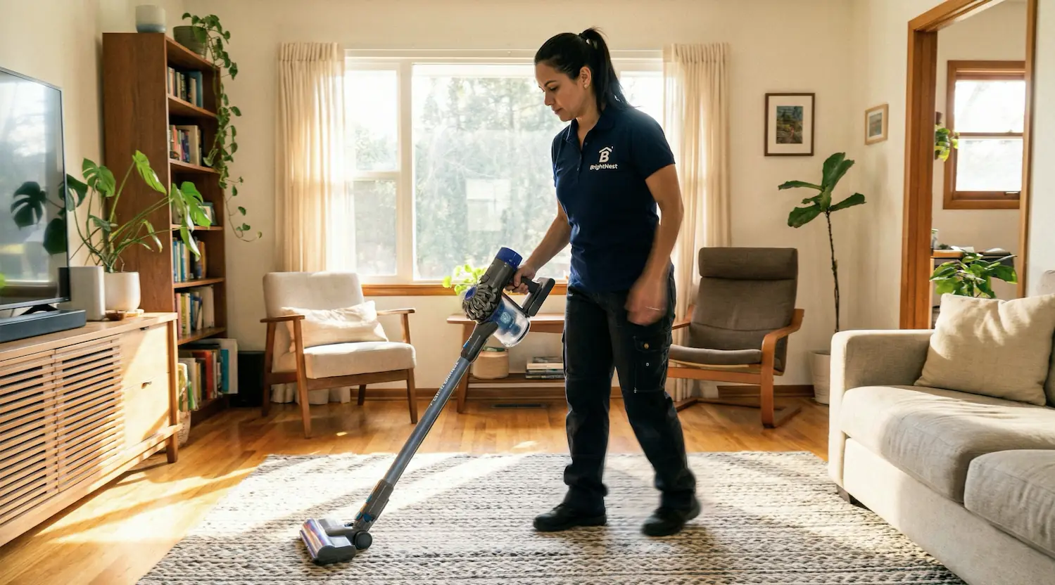 BrightNest cleaner vacuuming a Boston home living room