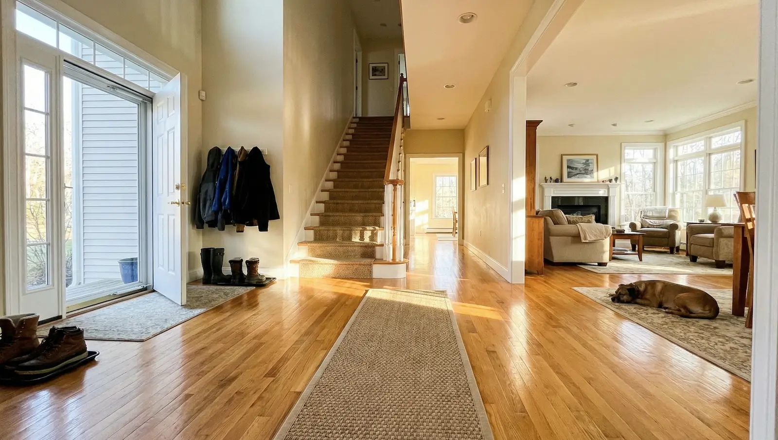 Clean bright home entryway with hardwood floors — move-in ready